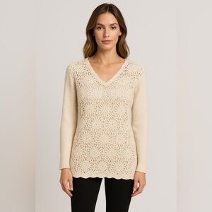 🤍 Yarnworks Cream Crochet Knit Sweater Tunic – Women’s Size L